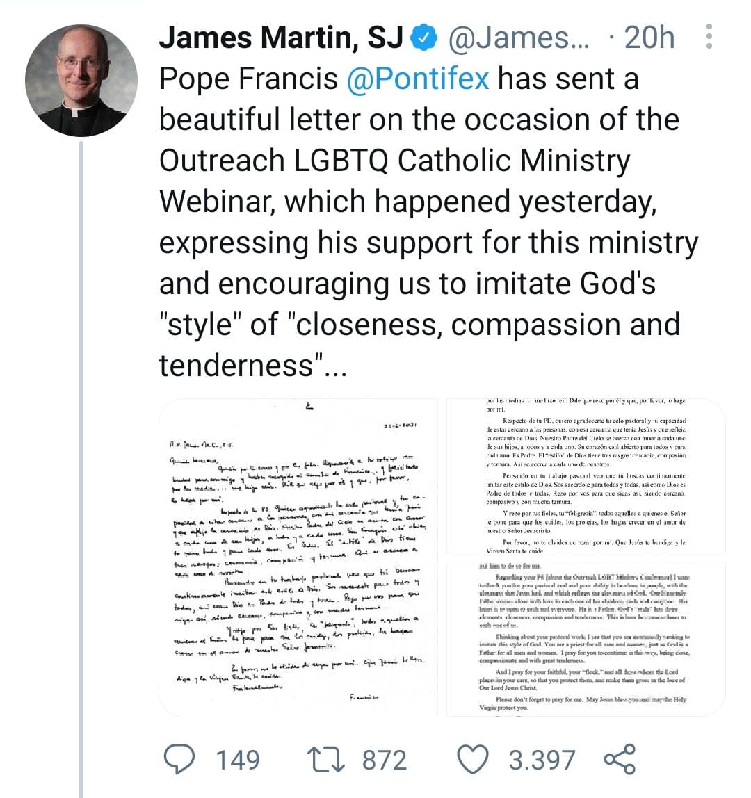 La lettera di Papa Francesco al prete gesuita che difende i diritti Lgbtq: «Dio è padre di tutti»