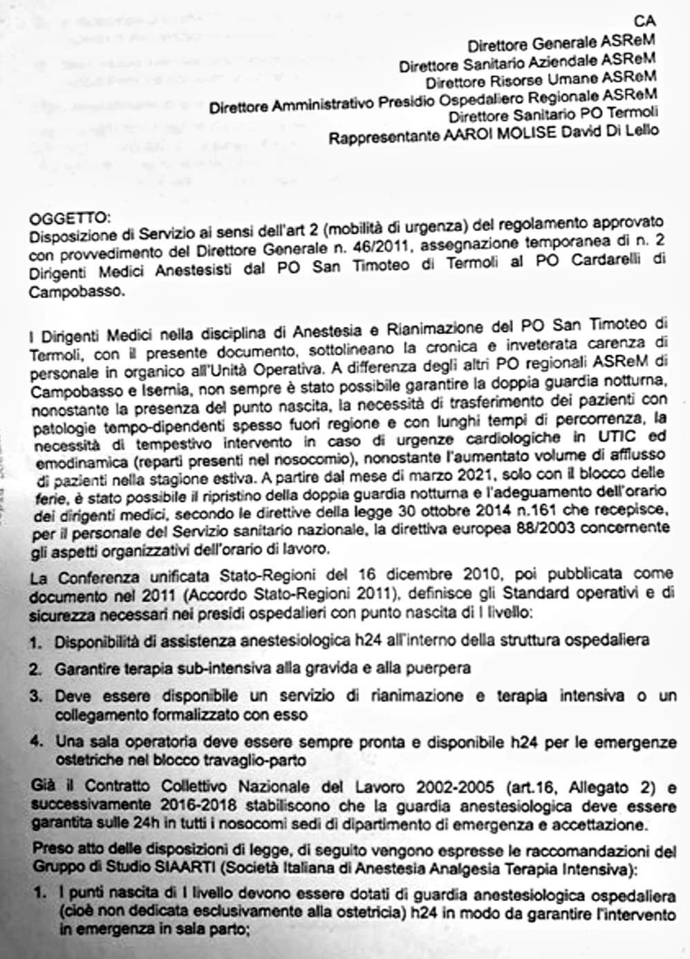 I Rianimatori del san Timoteo di Termoli mettono nero su bianco il loro disagio