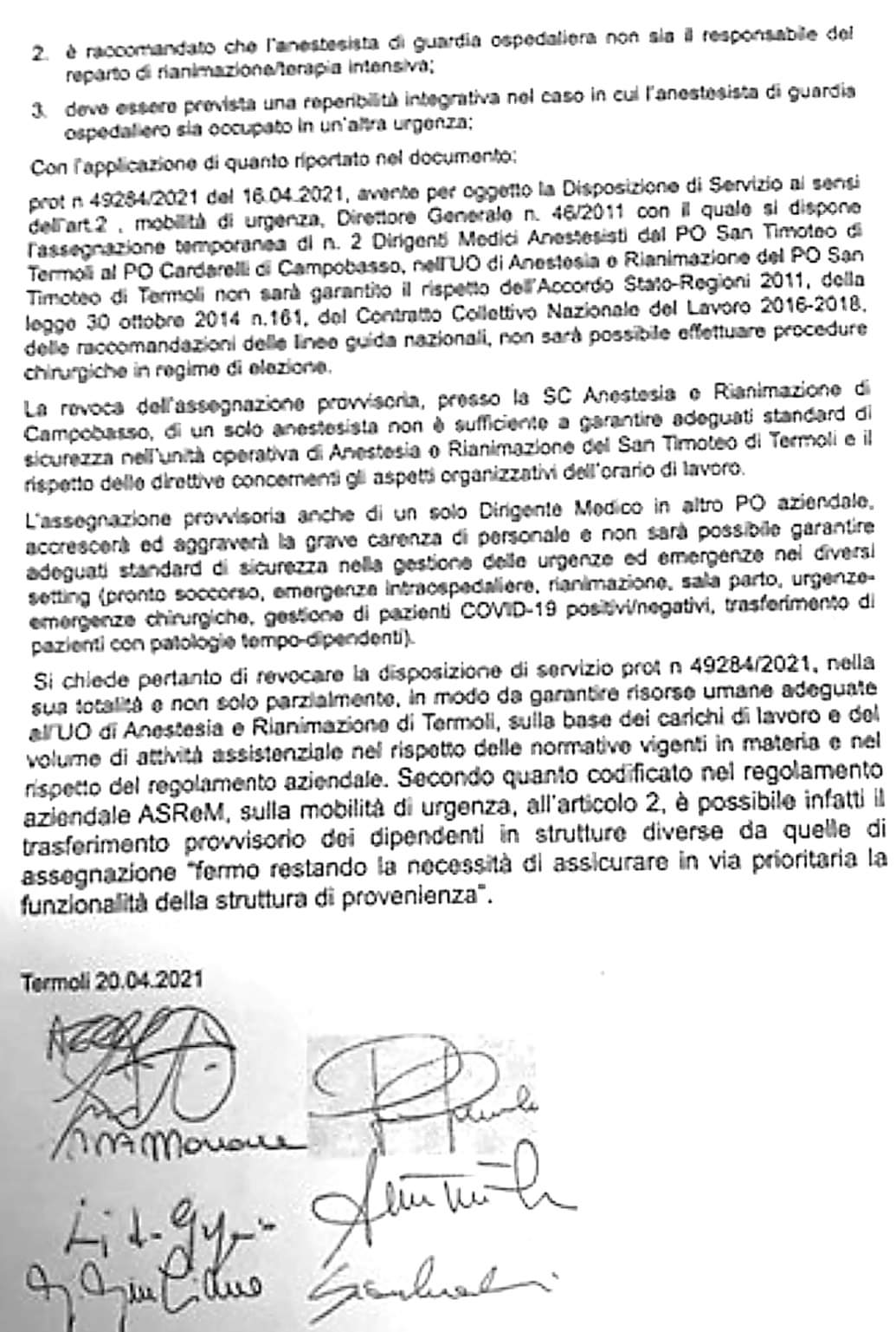 I Rianimatori del san Timoteo di Termoli mettono nero su bianco il loro disagio